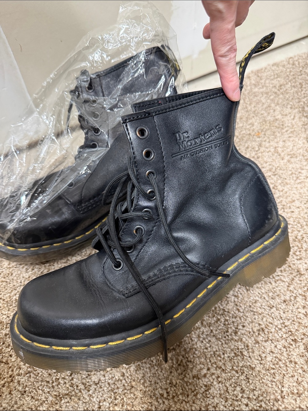 Dr. Martens Black Leather 8-Eye Lace-Up Combat Boots with Yellow Stitching